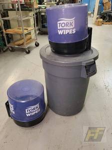 lot 89 image: (2) Tork Maxi-Box Wipe Dispensers with 32 Gallon Trash Container