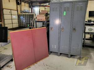 lot 90 image: Gray Metal 3-Compartment Locker and enclosed white board