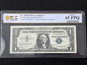 1957 B Blue Seal $1 Dollar Silver Certificate PCGS Gem Uncirculated 65 PPQ