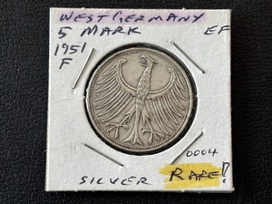 1951 F German 5 Mark Silver