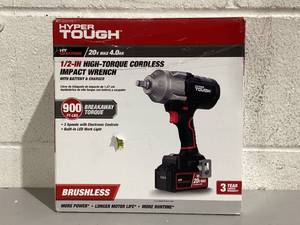 lot 518 image: Hyper Tough 20V Max Brushless 12-inch High-Torque Cordless Impact Wrench with 4.0Ah Lithium-Ion Battery and Charger