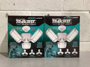 lot 550 image: LOT OF 2 Bell  Howell TriBurst Garage Lights 288 LED Bulb 4000 Lumens Ceiling Socket Deformable Light
