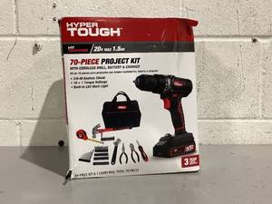 lot 562 image: 70PCS Hyper Tough 20V Max 1.5AH Project Kit with Cordless Drill, Battery & Charger