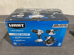 lot 190 image: 3PCS HART 20V Combo Kit, Drill, 6-12 Circular Saw, and LED Light