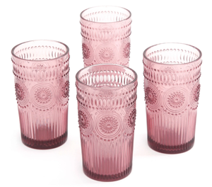 lot 565 image: LOT OF 2 4PCS The Pioneer Woman Adeline Purple 16-Ounce Emboss Glass Tumblers