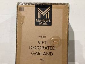 lot 265 image: LOT OF 4 Members Mark 9 Pre-Lit Decorated Garland - Red AND Flocked