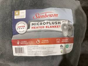 lot 685 image: King Size Sunbeam Full Blanket Grey Microplush, 12 Heat Settings, 12-Hour Auto Shut-Off, Electric Heated Blanket with Controller