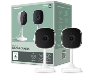 lot 295 image: Merkury Smart 1080P Smart Indoor Security Camera with Voice Control - 2.4 GHz Wi-Fi (2 Pack), White