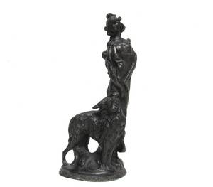 lot 13 image: Vintage Art Nouveau Cast Metal Sculpture - Woman w Borzoi Wolf Hound