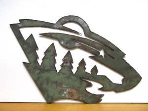 lot 49 image: Awesome Large Handmade Heavy Duty Torch-Cut Steel MN WILD Logo Sign