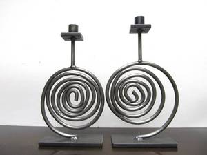 lot 57 image: Matching Pair of Heavy Steel Designer Spiral Candle Stands by Mill Scale