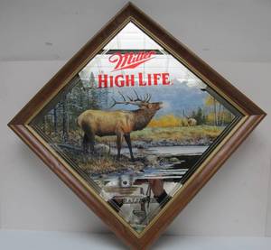 lot 81 image: Great Looking Vintage MILLER HIGH LIFE Beer Advertising Mirror Sign wElk