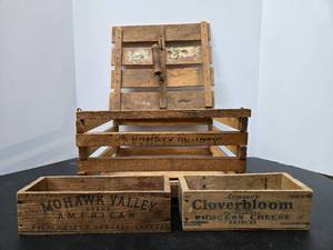 lot 230 image: Old Primitive Vintage Wood Advertising Crates & Old Egg Crate