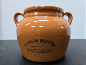 lot 234 image: Vintage Stoneware Advertising Pot w Lid - Oscarson Wheaton Hatchery