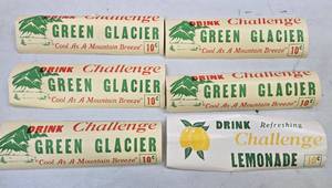 lot 244 image: Lot of 6 NOS Orig Vintage 1940s-50s era Paper Advertising Signs - Challenge SodaBeverages Green Glacier & Lemonade