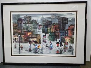 lot 218 image: Framed Signed Numbered Rainy Street Scene Print by Kathy Phillips