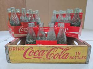 lot 201 image: Vintage Yellow Wooden COCA COLA Advertising Crate wBottles