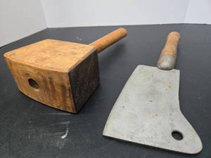 lot 209 image: Very Cool Antique Butchers Cleaver & Wood Mallet