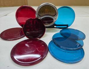 lot 210 image: Great Lot of Old Vintage Blue & Red Glass Auto Lenses etc