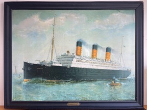 Large Original Framed CUNARD LINE Tin Litho Steam Ship "Berengaria" Ocean Liner Advertising Sign
