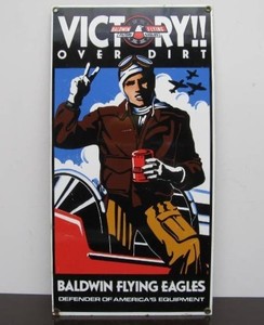 lot 285 image: Awesome Vintage Style VICTORY OVER DIRT Baldwin Flying Eagles Porcelain Fighter Pilot Sign