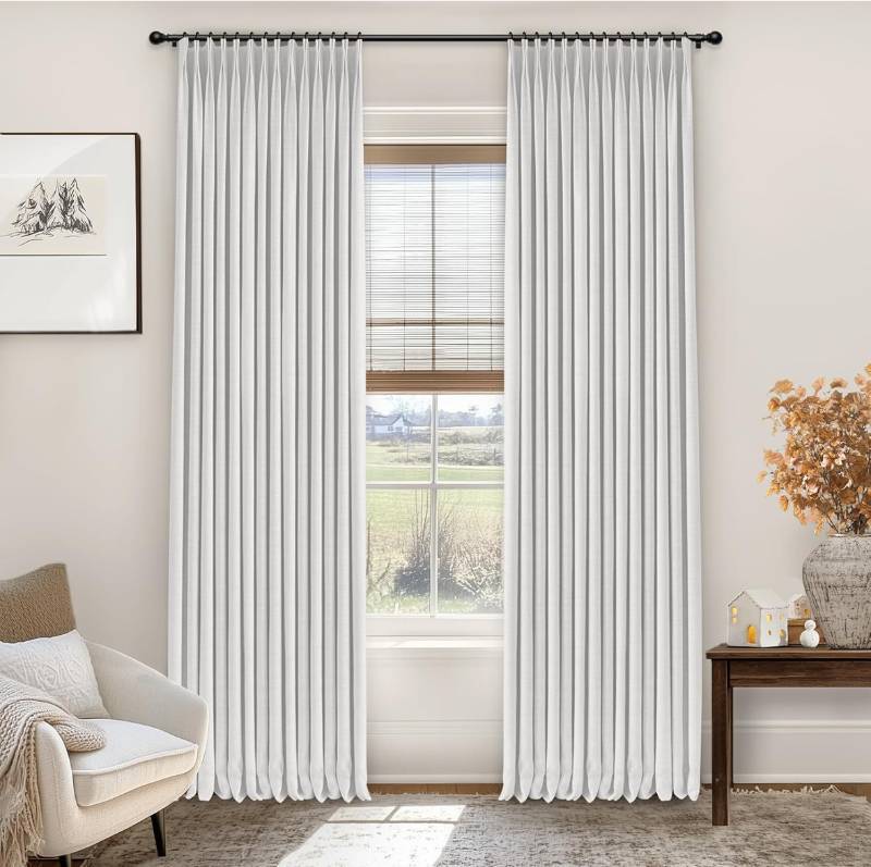 lot 232A image: Brand New 2 Panel Set 100% Light Blocking Linen Pinch Pleated Blackout Curtains Beige White, 40 W x 96 L $85.99 Retail B