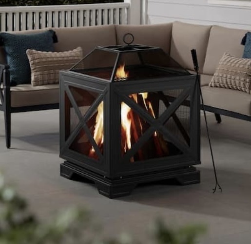 lot 16A image: Brand New Hampton Bay Westbury 26 in. W x 37.8 in. H Outdoor Square Wood Burning Black Fire Pit $349 Retail N