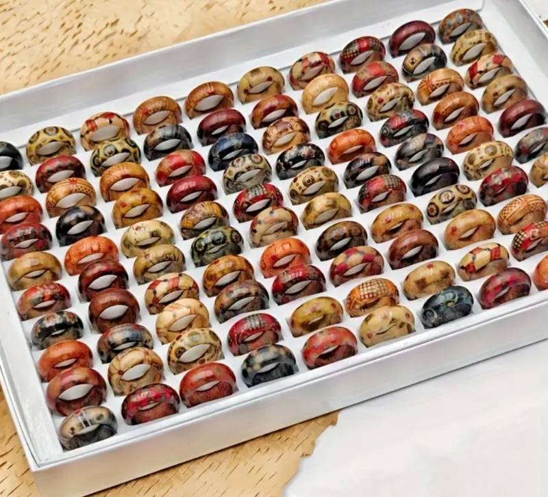 lot 24L image: Brand New Vibrant Wooden Ring Collection - 100 Total Rings O