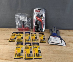 lot 99 image: Brand New Tools Phillips Forged Bits, Wiss Utility Knife, Warner Drywall Knifes, Bondhus T-Handle Hex End Allen Wrench K