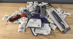 lot 123 image: Brand New Assortment of Milwaukee #2 EOX Screwdriver, 3M Express Pod Ear Plugs, Warner 4 Flex Joint Drywall Knifes and Rock River Utility Knife K