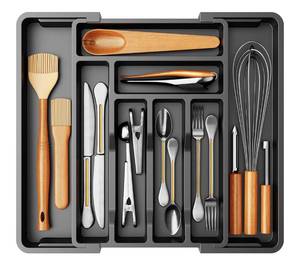 lot 133 image: Set of 2 Brand New Pipishell Silverware Drawer Organizer, Expandable BPA-Free Kitchen Utensil Storage Tray for Forks, Spoons and Knives, Black Plastic Cutlery Holder $40.00 Retail Z