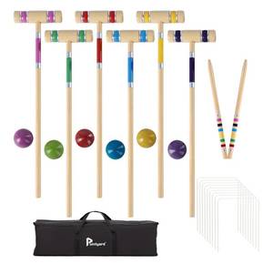 lot 157 image: Brand New Six Player Croquet Set, 28 Croquet Set with Wooden MalletsColored BallWicketsStakes $49.99 Retail B