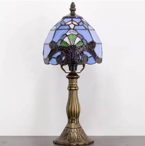 lot 160 image: New Small Tiffany Lamp Mini Accent Table Lamp Blue Purple Baroque Style Stained Glass Desk Memory Lamp Sympathy 6X14.6 $79.99 Retail B