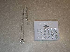 lot 421 image: 12 New Pairs Of Stud Earrings Hypoallergenic Double Hear Pendant Necklace Silvery P