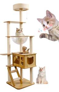 lot 89 image: New Yueyuesmart  57.4 Modern Wooden Cat Tree Tower $119.99 Retail B