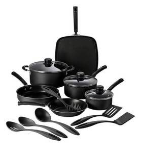 lot 18B image: Tramontina 15 pc Aluminum Nonstick Cookware Set with Utensils - Storm $69.95 Retail N