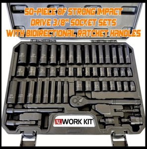 lot 6C image: Brand New ALWORKIT 50 Piece Impact Socket Set with Ratchet Handle - 38 Drive, Metric & SAE Sizes with Adapters N