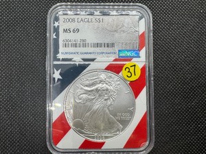 lot 37 image: 2008 1 Oz. Silver American Eagle NGC MS69
