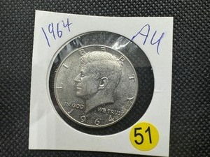 lot 51 image: 1964 90% Silver AU Kennedy Half Dollar
