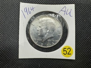 lot 52 image: 1964 90% Silver AU Kennedy Half Dollar