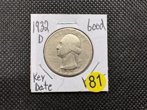lot 81 image: Key Date 1932-D Silver Washington Quarter Marked Good when Purchased - PCGS Price Guide for a Good 6 is $85
