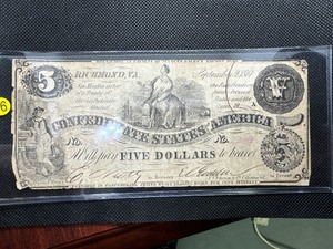lot 86 image: 1861 Confederate $5.00 Bill