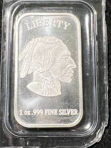 1 TROY OZ .999 FINE SILVER BUFFALO INDIAN BAR