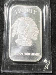 1 TROY OZ .999 FINE SILVER BUFFALO INDIAN BAR