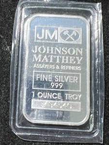 1 TROY OZ .999 FINE SILVER JOHNSON MATTHEY BAR