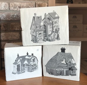 lot 71 image: Department 56 Dickens Village Series Fagins Hide Away, The Chop Shop and Booter & Cobbler Buildings