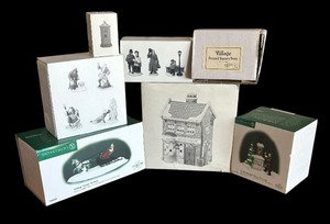 lot 87 image: Department 56 Geo Weeton Watchmaker Village Building, Dashing Through the Snow, Ye Old Lamplighter, Frosted Topiary Trees and More