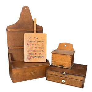 lot 145 image: Antique Primitive Wooden Items including an Antique Wooden Recipe Box and Lap Desk