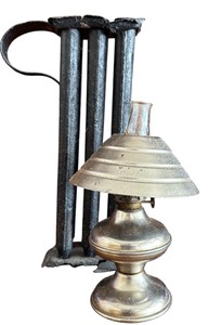lot 226 image: Antique Primitive Six Hole Tin Candle Mold with Loop Handle & Small Oil Lamp