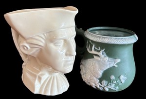 lot 224 image: Vintage Schafer & Vater German Stag Elk Mug Porcelain Green Rare Color & 1939 American Pottery New York Worlds Fair George Washington Toby Jug